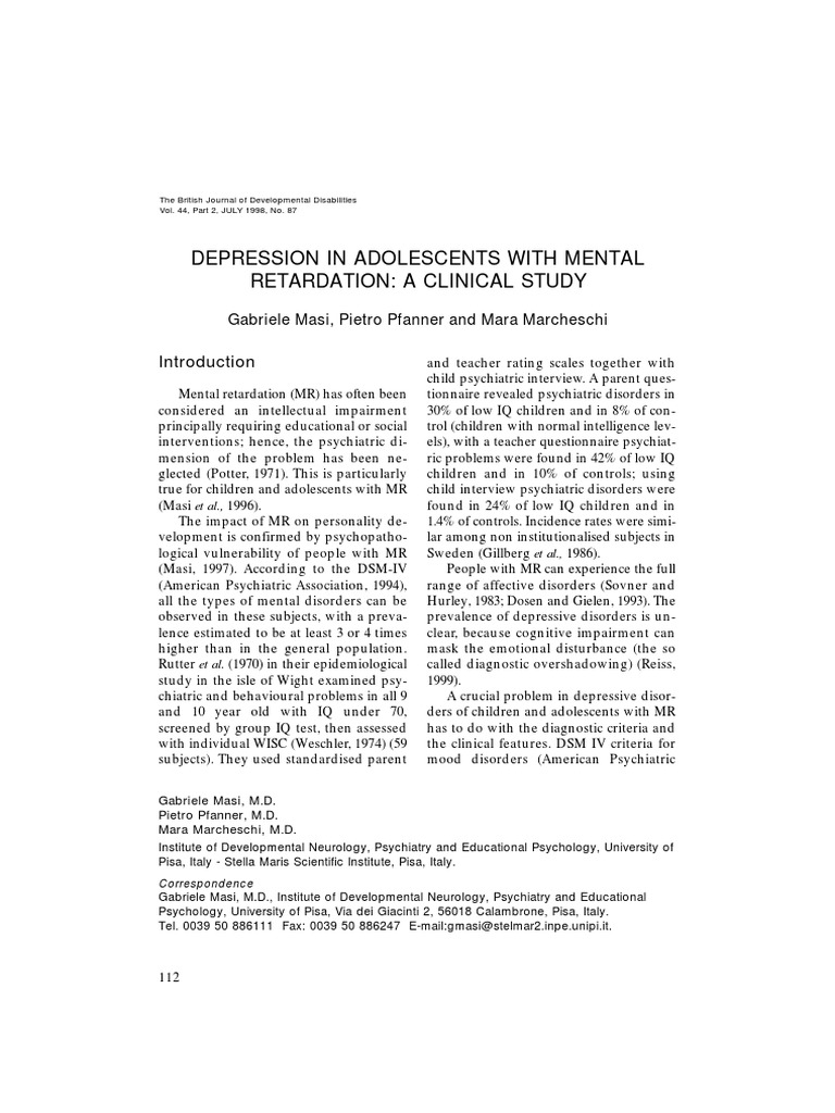 Depression in Adolescents with MR | PDF | Major Depressive Disorder ...