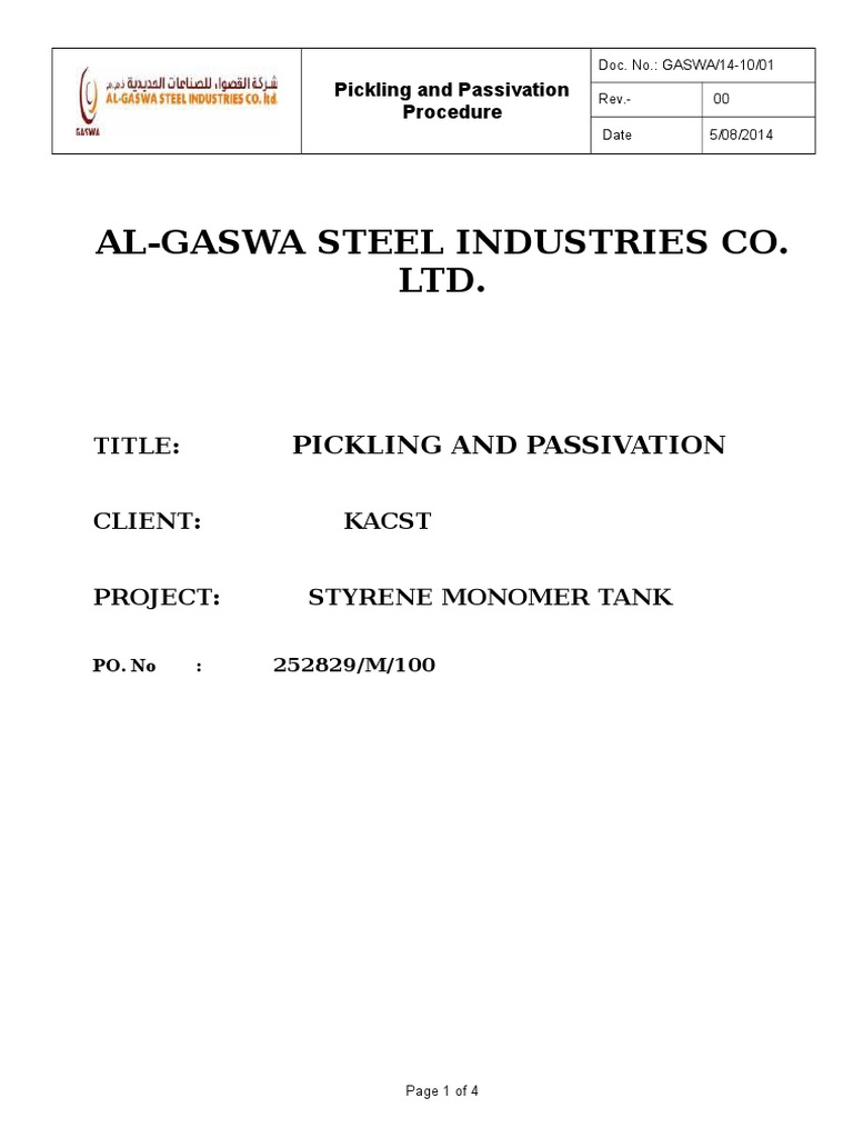 Pickling and Passivation Procedure Nitric Acid Stainless Steel