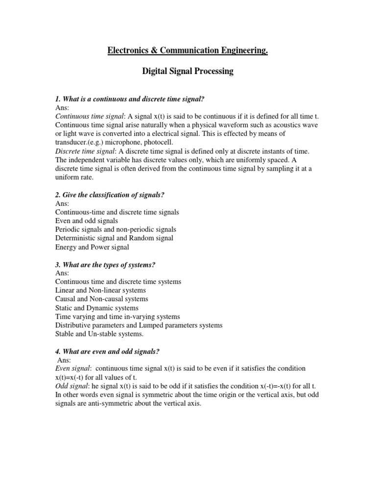 Digital Signal Processing Short Question and Answers PDF Discrete