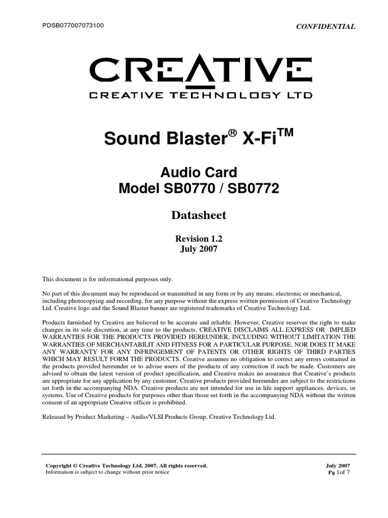 Creative XFI SBS0770 Data Sheet | PDF