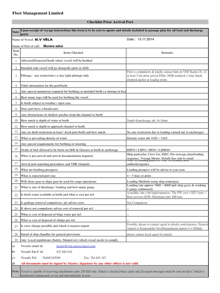 Pre-Arrival Checklist for Vessel Operations | PDF | Maritime Pilot | Ships