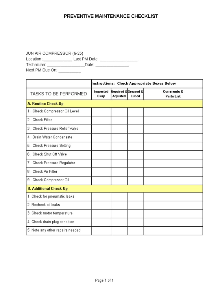 Jun Air Compressor 6-25 PM Checklist | PDF