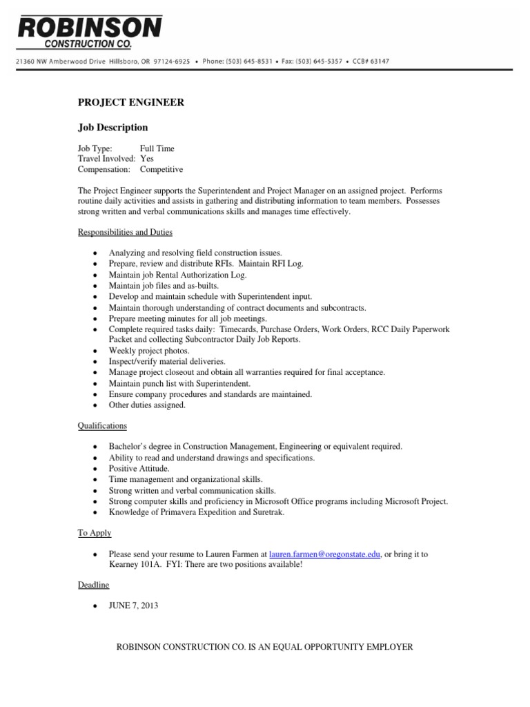 Project Engineer Job Description | PDF
