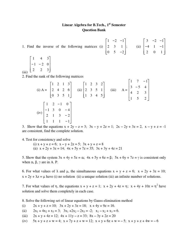 Question Bank Pdf Equations Linear Algebra