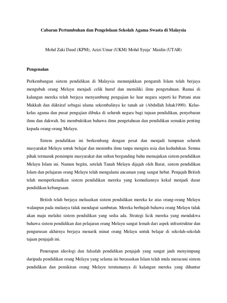 Cabaran Pertumbuhan Dan Pengelolaan Sekolah Agama Swasta Di Malaysia Pdf