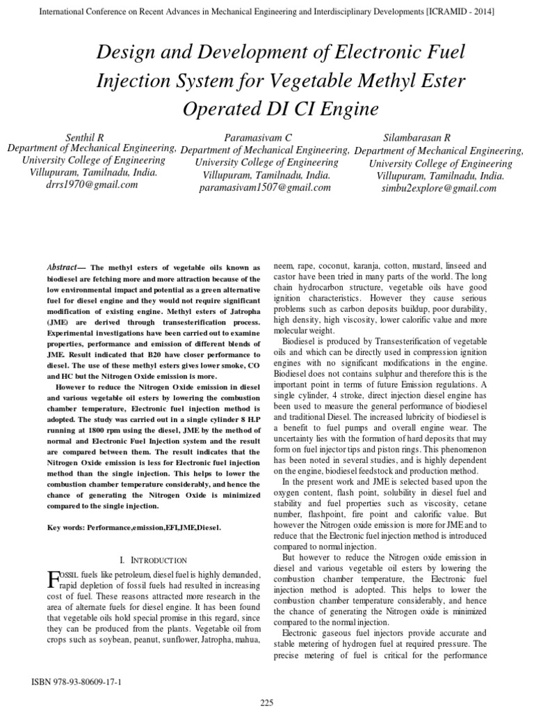 Design and Development of Electronic Fuel Injection System For Vegetable Methyl Ester Operated