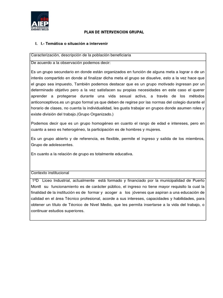 Plan de Intervencion Grupal Terminado | PDF | Infección transmitida ...