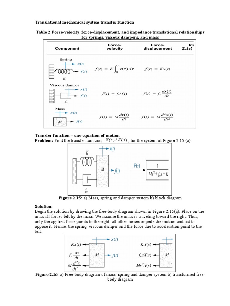 Notes 3 Translational Mechanical System Transfer Function | PDF | Force ...