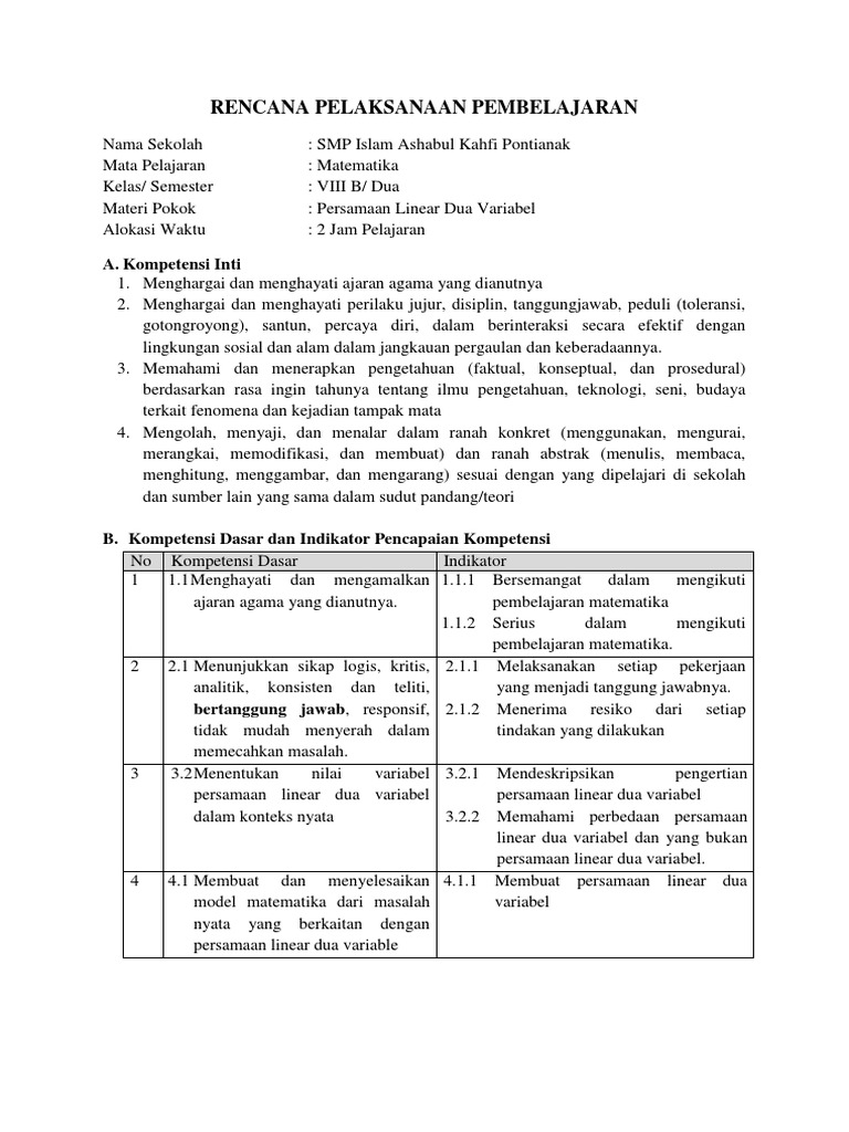 Rpp Kurikulum 2013 Persamaan Linear Dua Variabel