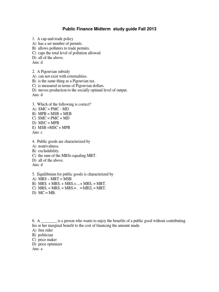 Public Finance Study Guide 2013 | PDF | Public Good | Externality