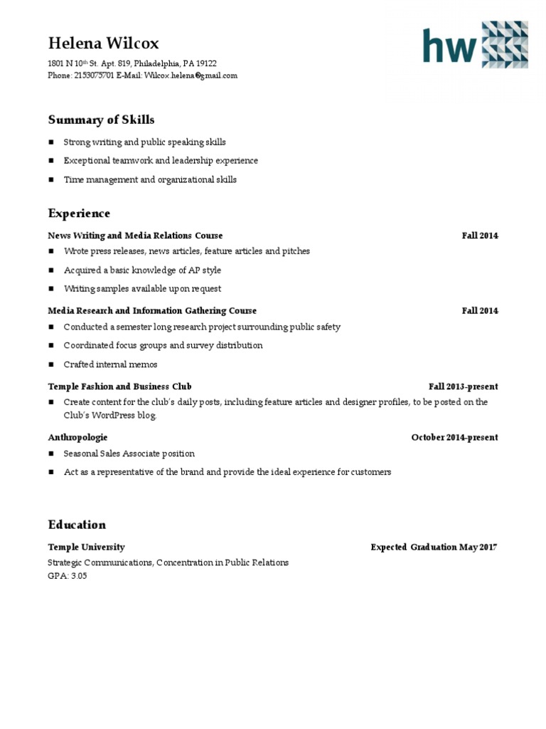 Helena Wilcox: Summary of Skills | PDF | Career & Growth | Art