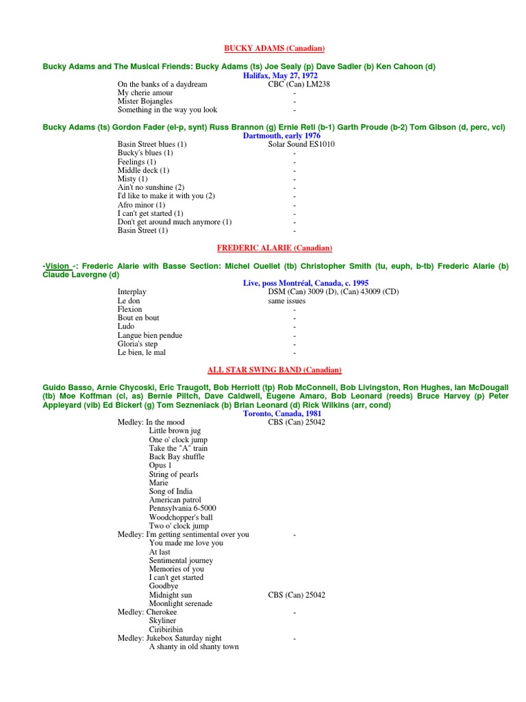 A Comprehensive Collection of Jazz Performances from Canadian Artists