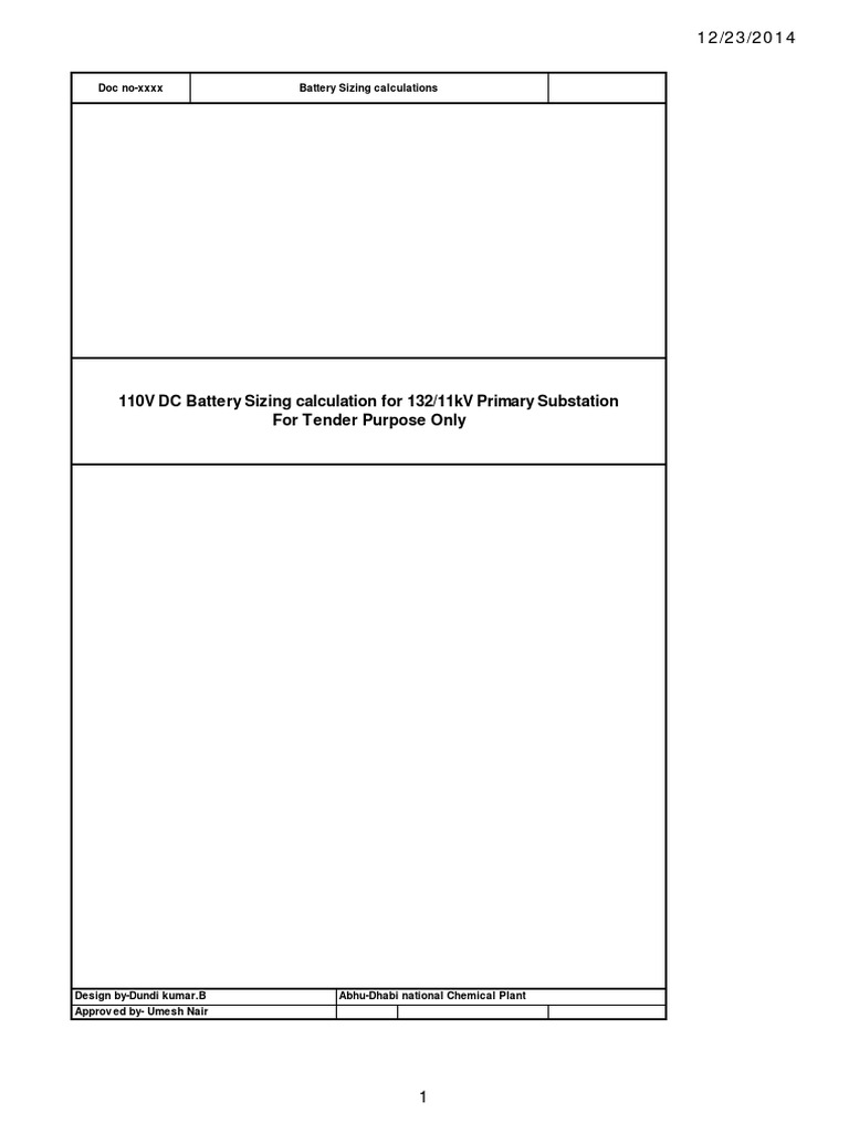110V DC Battery Sizing Calculation For 132/11kV Primary Substation For