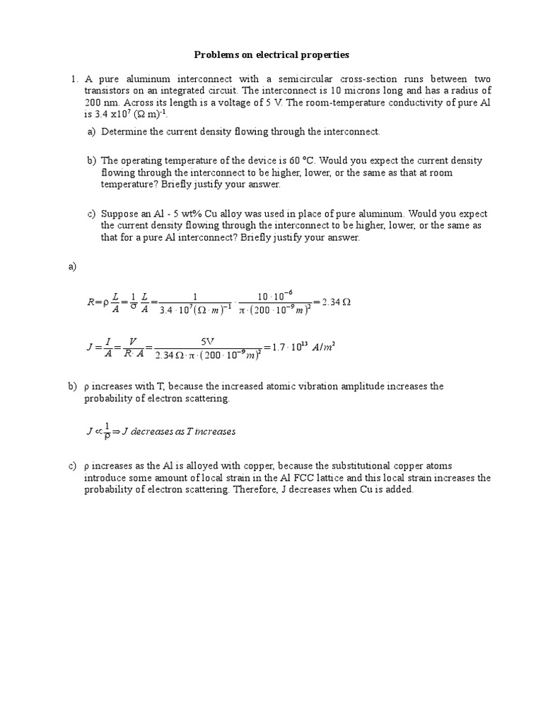 Problems On Electrical Properties Solutions | PDF | Electrical ...