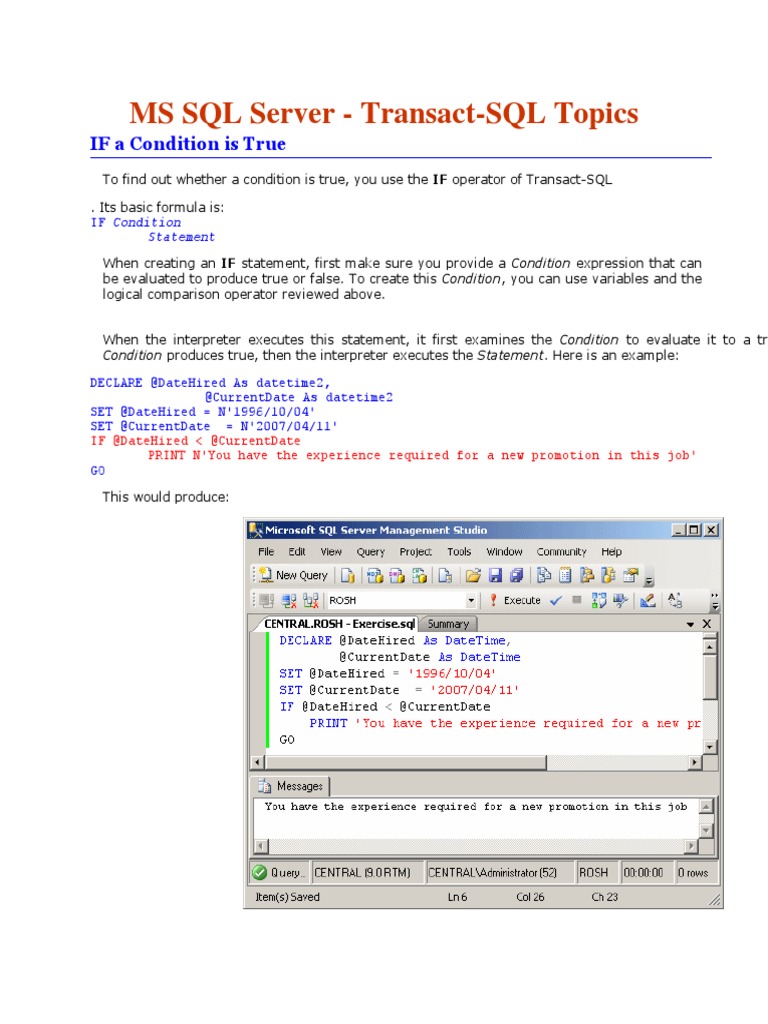 MS SQL Server - Transact-SQL Topics: IF A Condition Is True | PDF ...