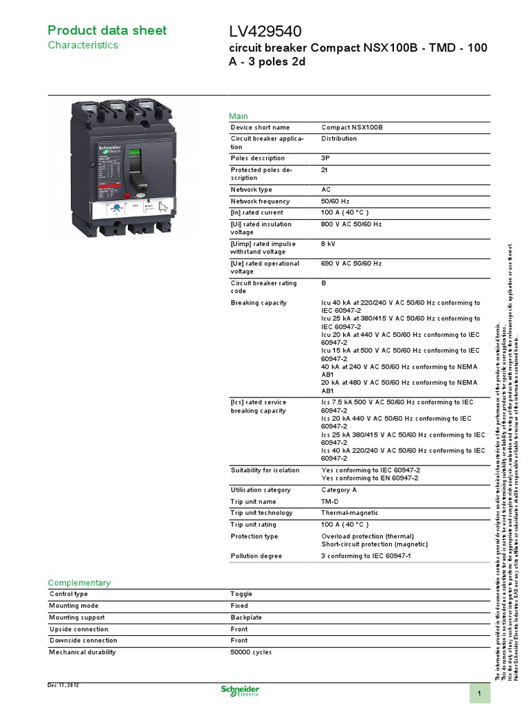 Product Data Sheet: Circuit Breaker Compact NSX100B - TMD - 100 A - 3 ...