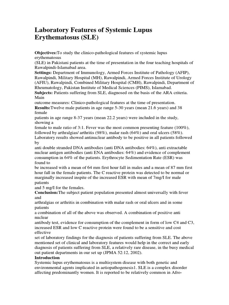 Laboratory Features of Systemic Lupus Erythematosus (SLE) | PDF ...