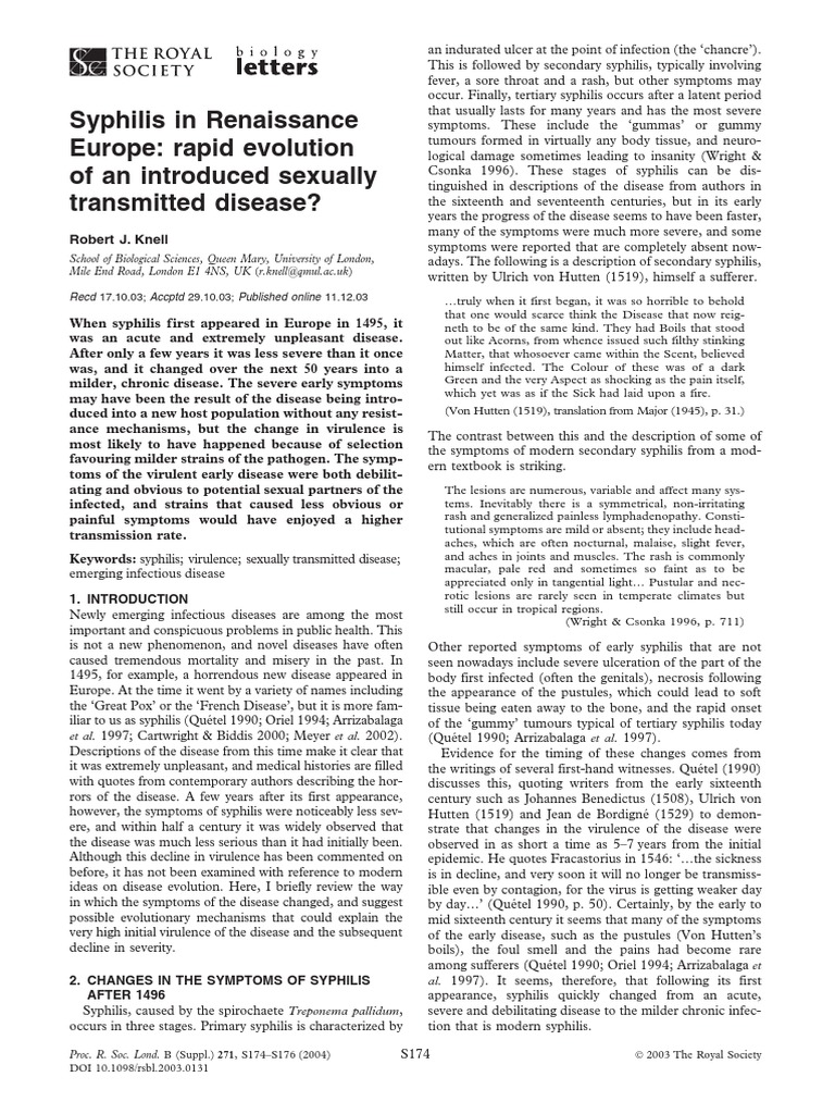 Evolution of Syphilis in Renaissance Europe | PDF | Infection | Virulence