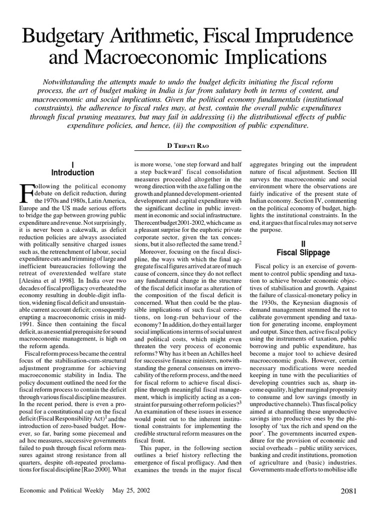 Budgetary Arithmetic Fiscal Imprudence and Macroeconomic Implications ...