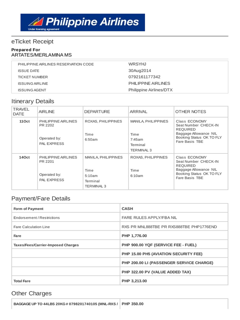 Electronic Ticket Receipt, October 11 For ARTATES MERLAMINA MS PDF