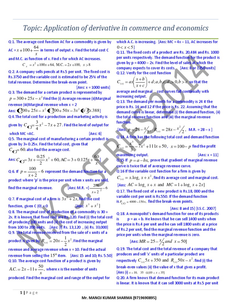 Derivatives in Commerce & Economics | PDF | Demand | Marginal Cost