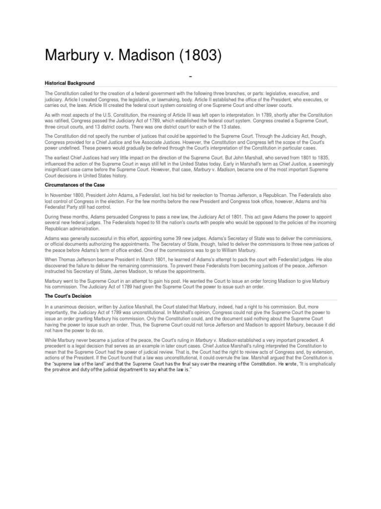 Marbury V Madison | PDF | Marbury V. Madison | John Marshall