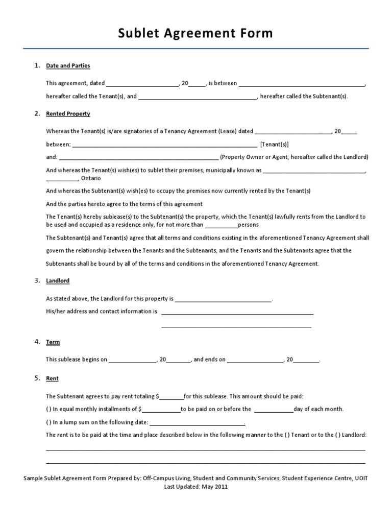 Ontario Sublet Agreement Template | PDF | Lease | Leasehold Estate