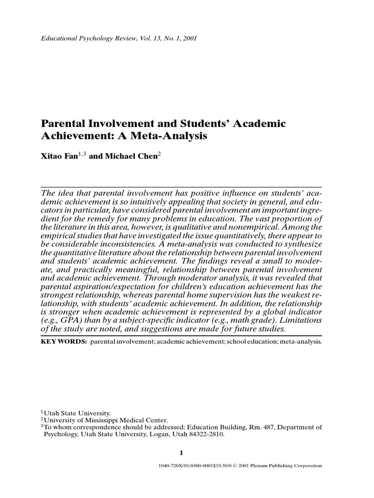 parental involvement and academic achievement research paper