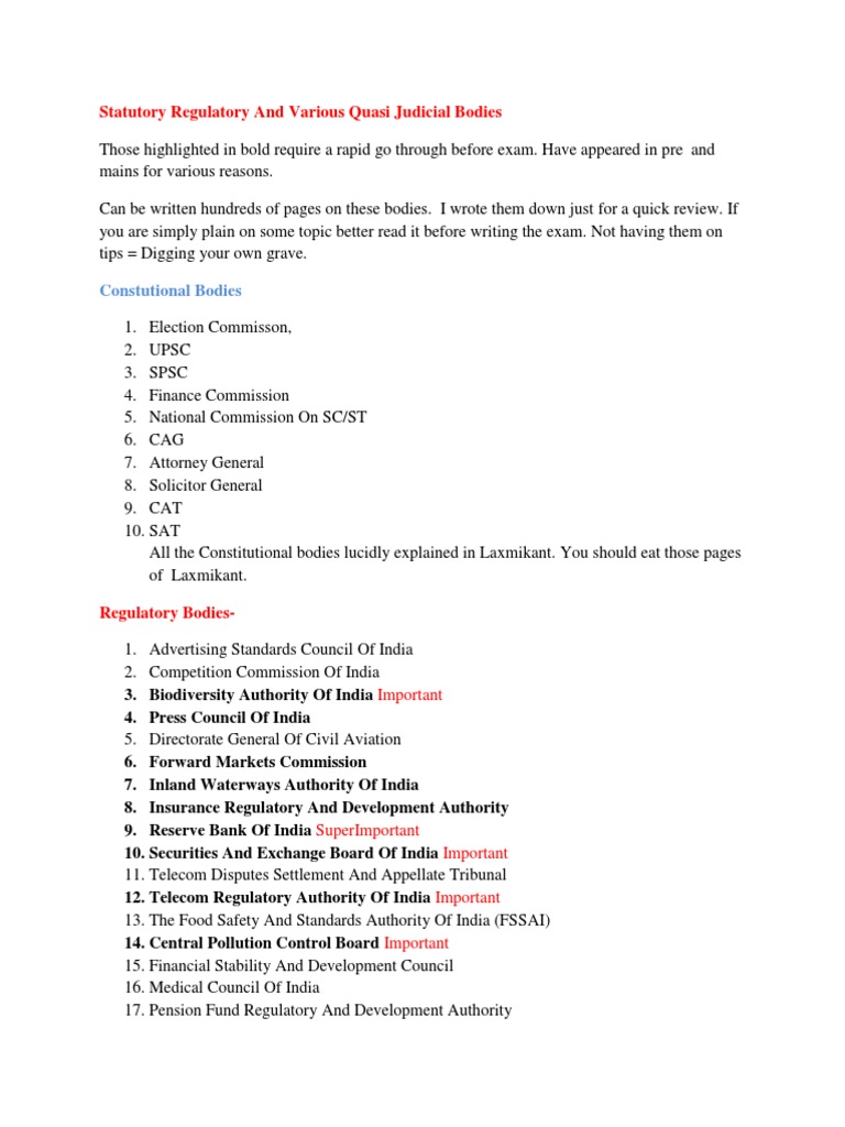 Quick review of statutory regulatory and quasijudicial bodies PDF