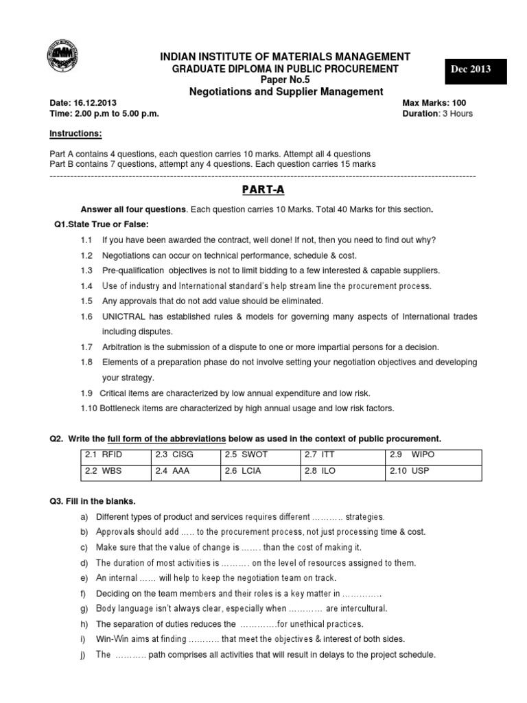 Indian Institute of Materials Management Graduate Diploma in Public