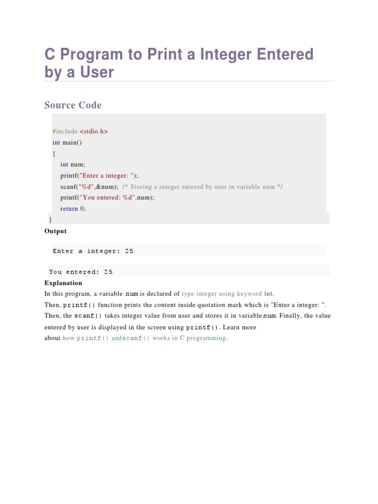 Print Integer Input in C Program | PDF