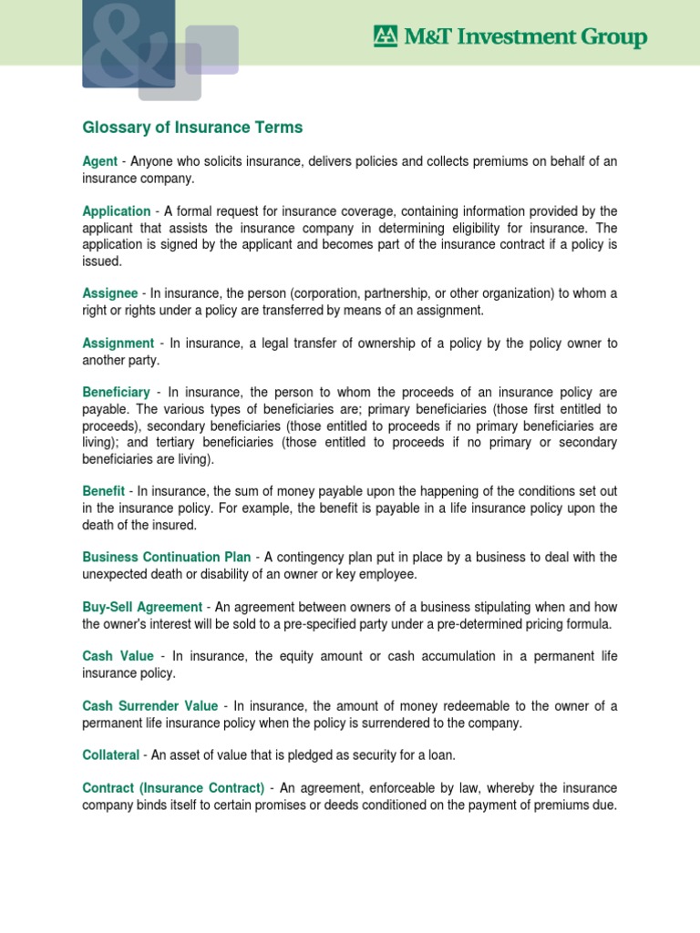Insurance Terms Glossary PDF Life Insurance Insurance