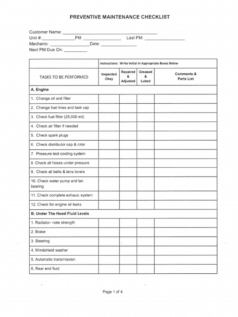 Vehicle Preventive Maintenance Checklist Pdf