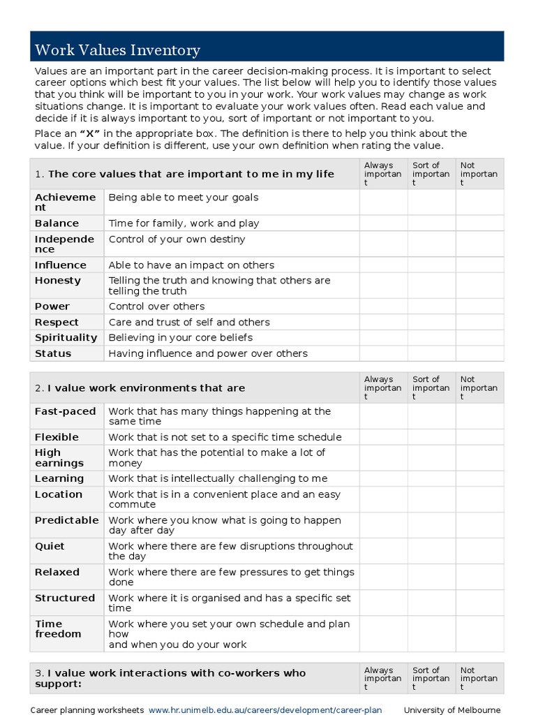 Values inventory worksheets