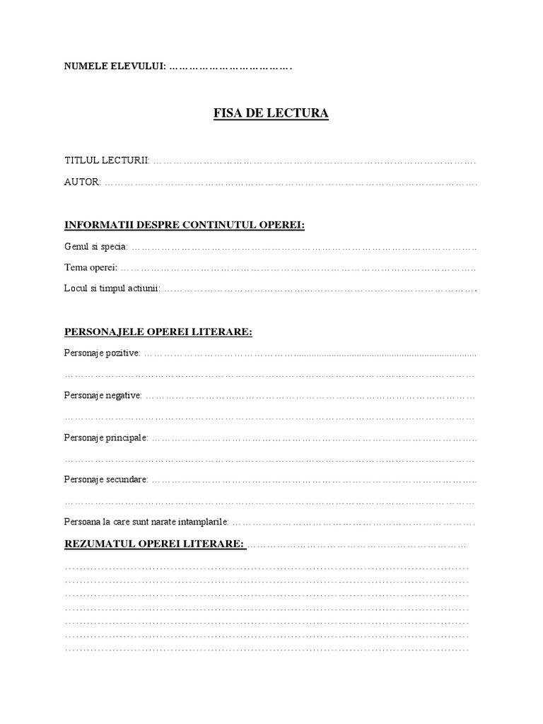 Model Fisa De Lectura Liceu Model Fisa de Lectura | PDF