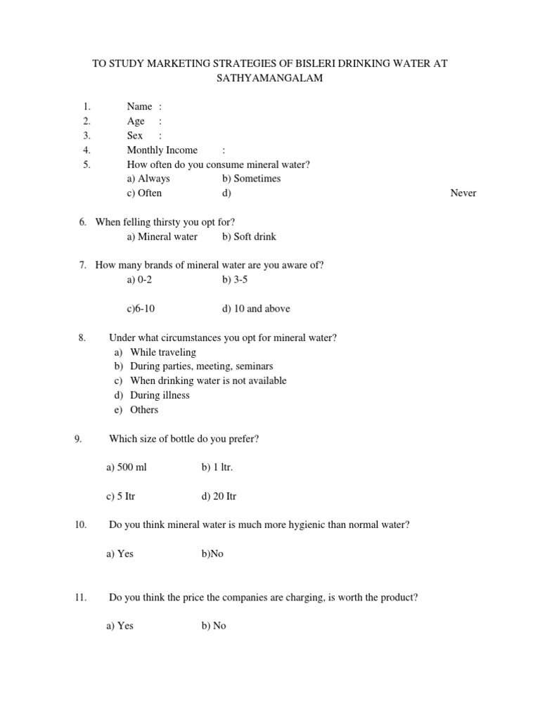 Water Questionnaire Brand Marketing