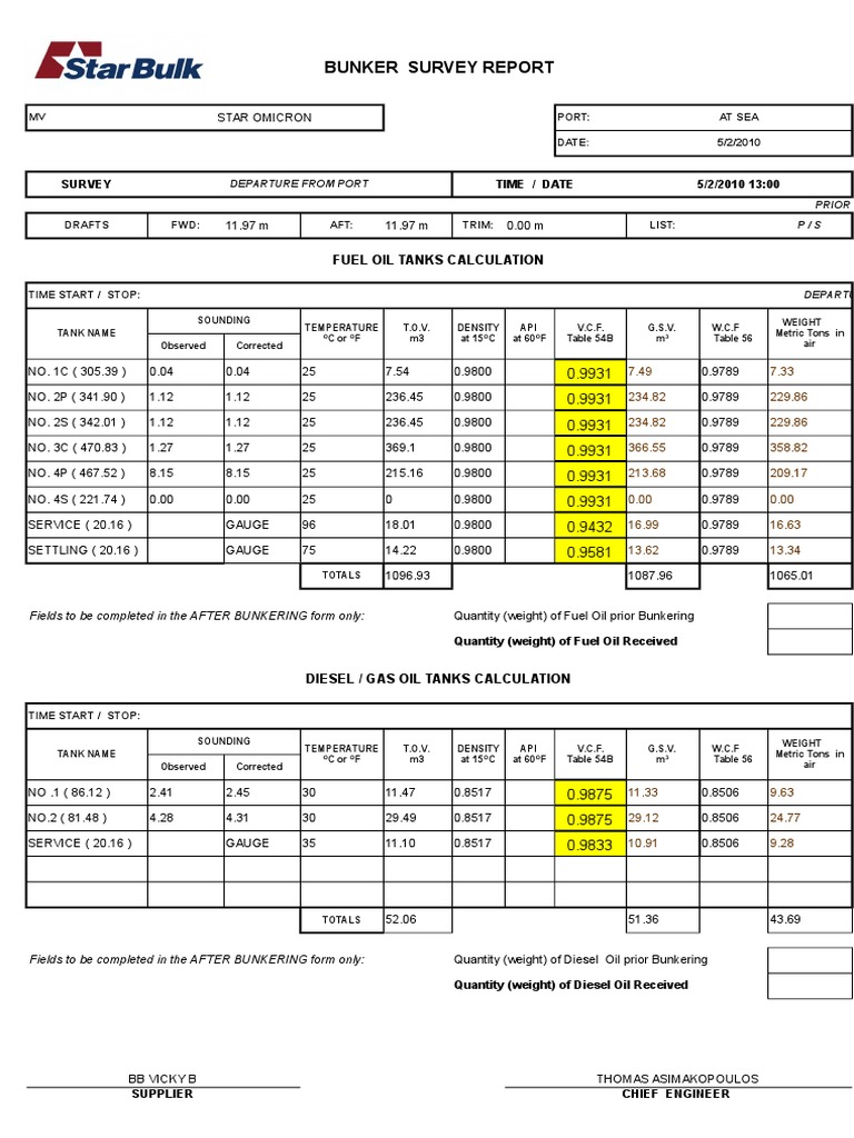 Bunker Survey Report Fuel Oil Tanks Calculation PDF