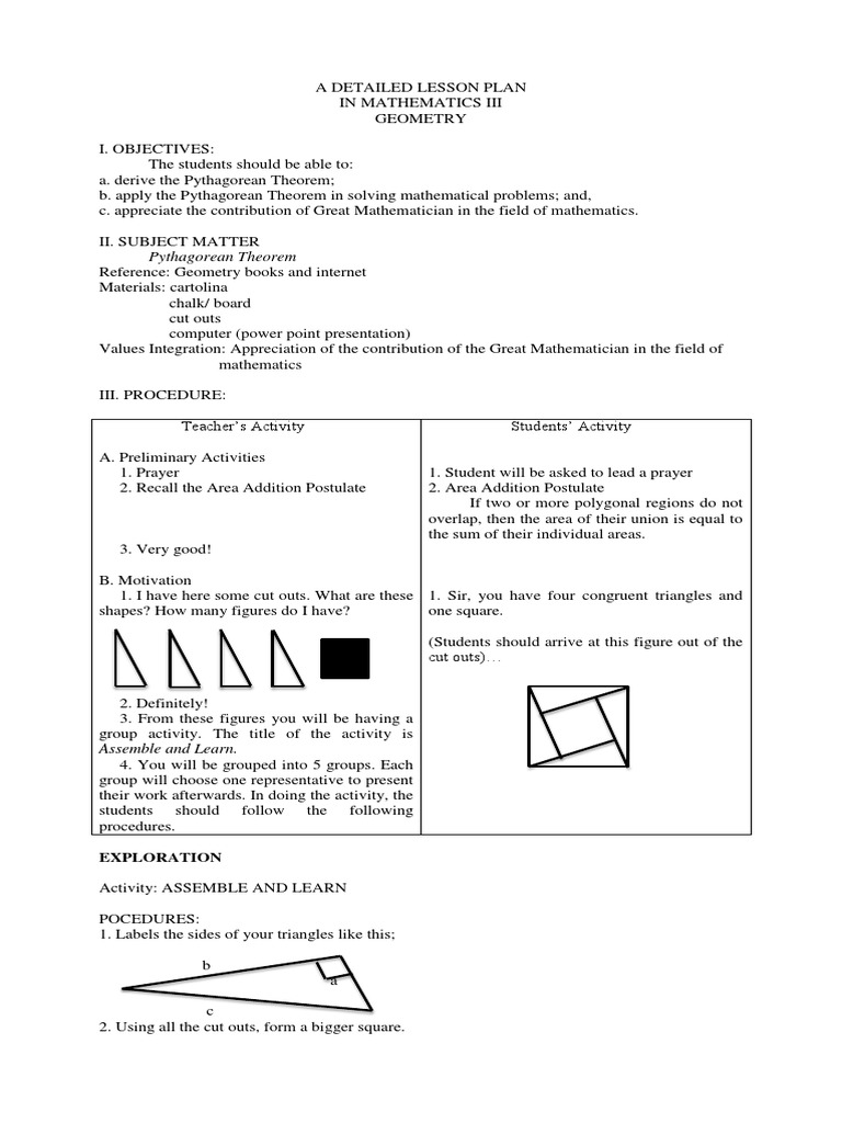 A hands on exploration of the pythagorean theorem assembling the