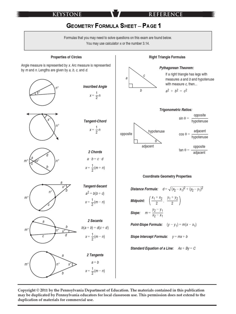 Keystone Formula Sheet-Geometry | PDF | Trigonometric Functions | Triangle