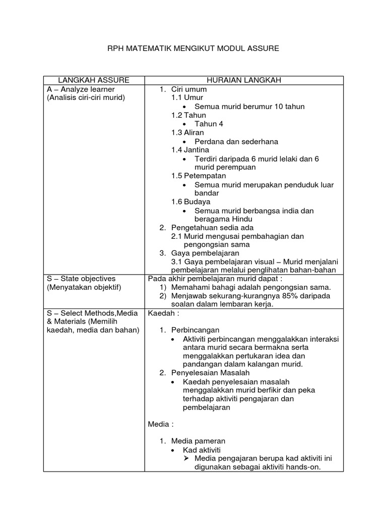 RPH Matematik Mengikut Modul Assure | PDF