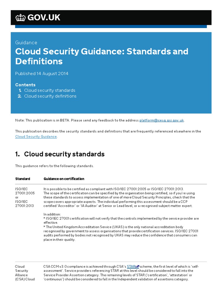 Cloud Security Guidance Standards and Definitions Cloud Computing