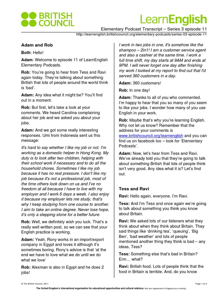 Learnenglish Podcasts Elementary 03 11 Transcript | PDF