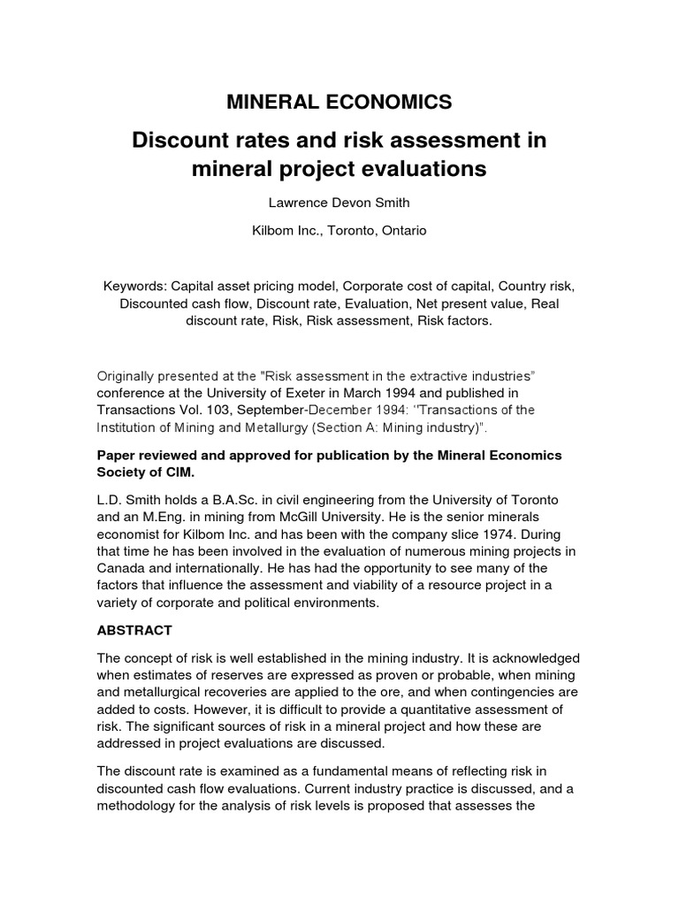 Discount Rates and Risk Assessment in Mineral Project Evaluations PDF Cost Of Capital Beta