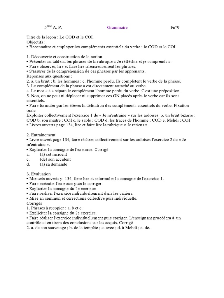 Exercice Cod Coi Cos 5ème Avec Correction Cod Coi | PDF | Complément d'objet | Syntaxe