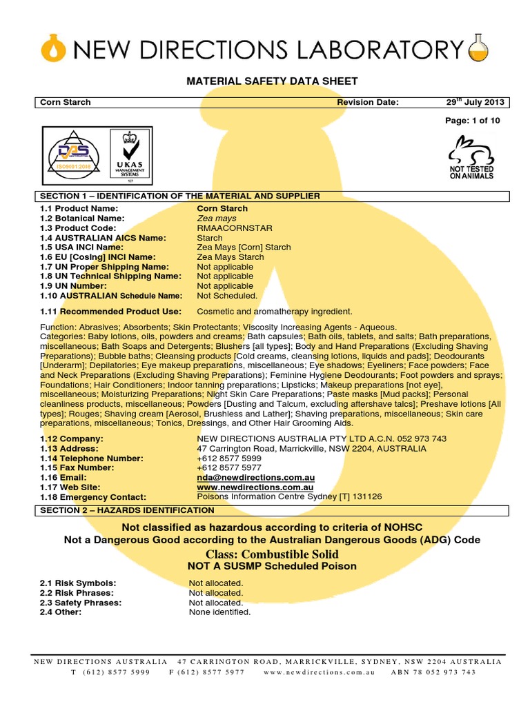 MSDS Corn Starch Firefighting Dangerous Goods