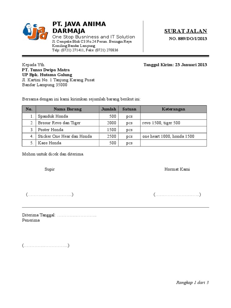 Contoh Surat Jalan Pengiriman Barang Surat Pengantar Barang