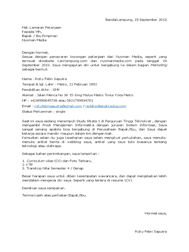 Contoh Surat Lamaran Kerja Di Bank Riau Kepri