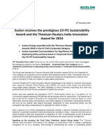 Suzlon Receives The Prestigious CII-ITC Sustainability Award and The Thomson Reuters India Innovation Award For 2014