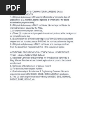 Prc Requirements for Master Plumbers Exam