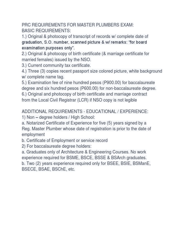 PRC Requirements For Master Plumbers Exam PDF Birth Certificate